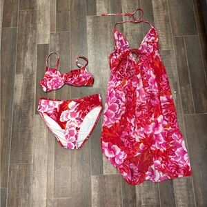 Victoria’s Secret Pink & Red Floral Bikini and Mesh Coverup